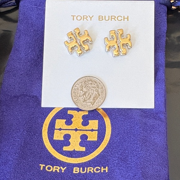 Tory Burch Two-Tone Gold & Silver Logo Stud Earrings - Picture 4 of 4